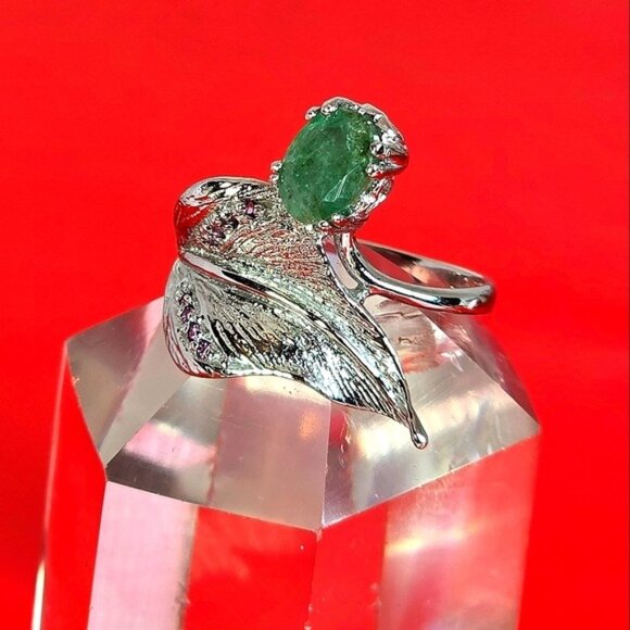 925 Sterling Silver Leaf Ring Sz 8 with Naural Emerald & Garnet Gemstone - Picture 13 of 13
